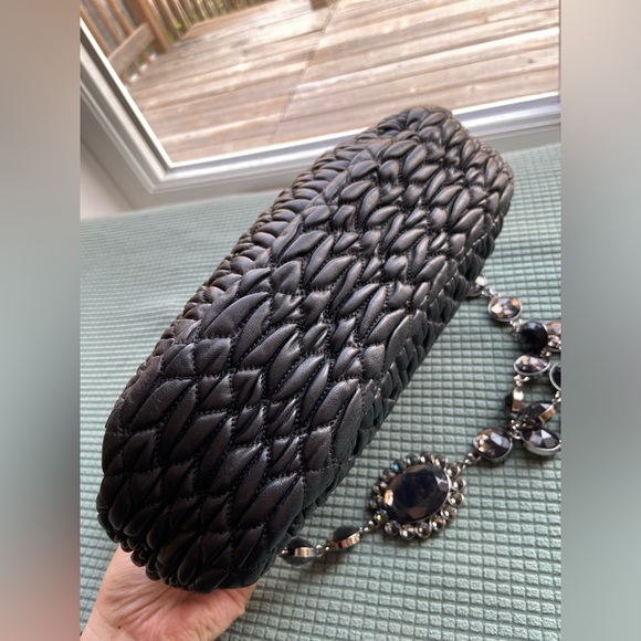 MIU MIU BLACK NAPPA LEATHER MATELASSE CRYSTAL CHAIN STRAP SHOULDER FLAP BAG - Picture 8 of 16
